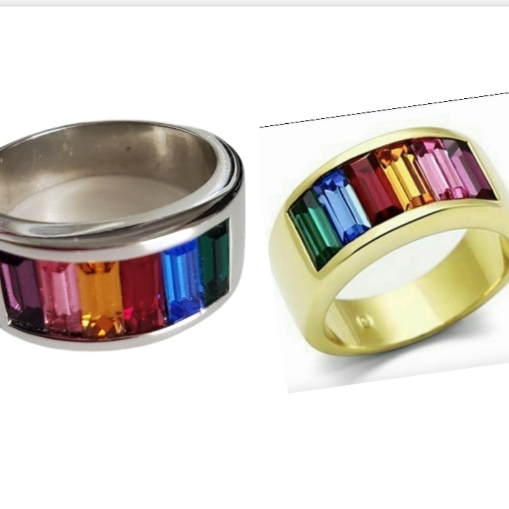 Gold Silver rainbow band Ring Size 5 10 11 crystal stones *